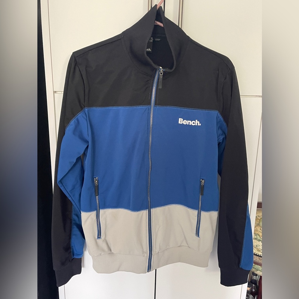 Men’s Black Blue Bench Softshell/Track Jacket/Sweater Polyester Zip-Up, Size S